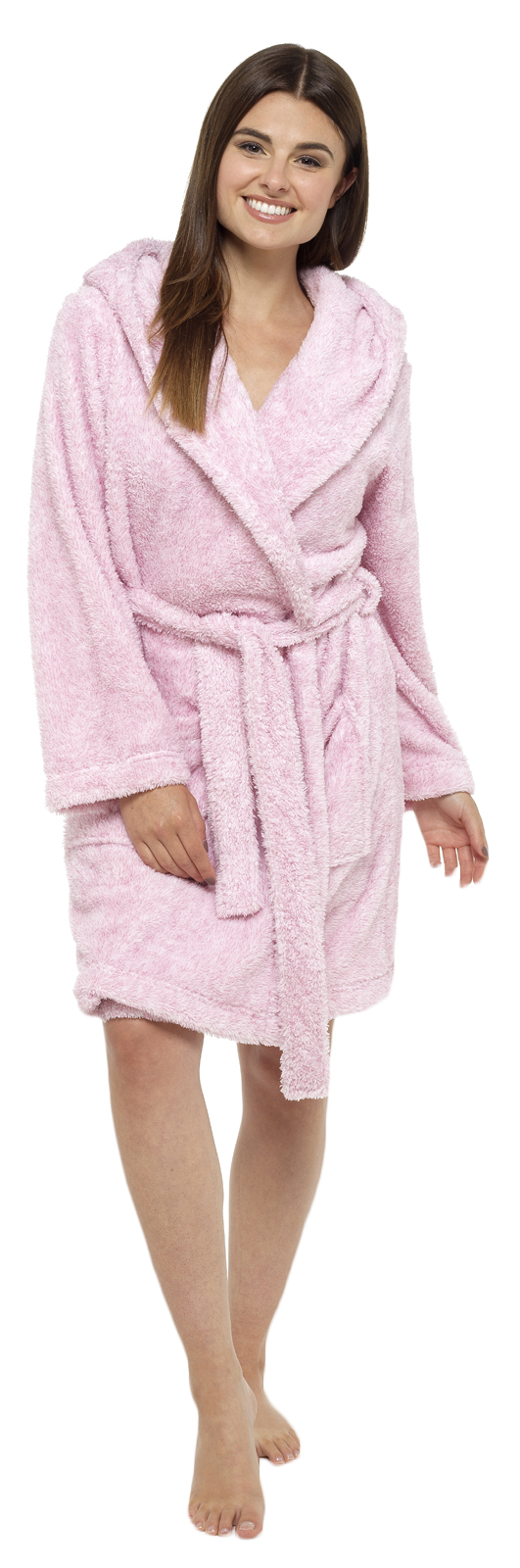 Womens Hooded Sherpa Soft Snuggle Dressing Gown Short Bath Robe Ladies
